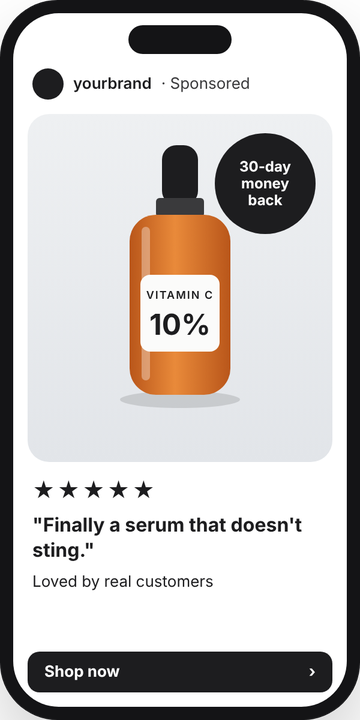 Static ad with a customer review and a money-back badge