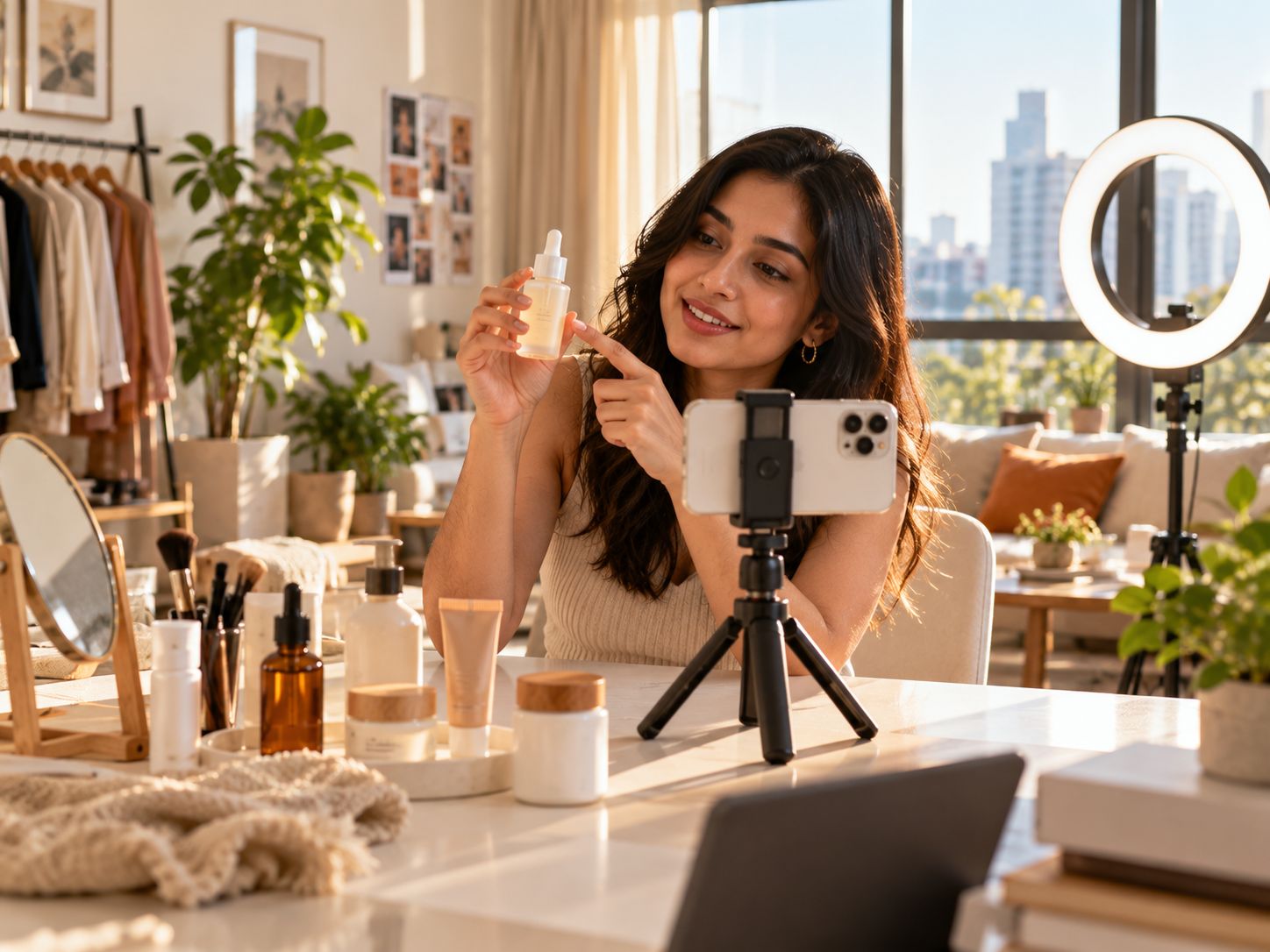 A UGC creator filming a skincare product on a phone