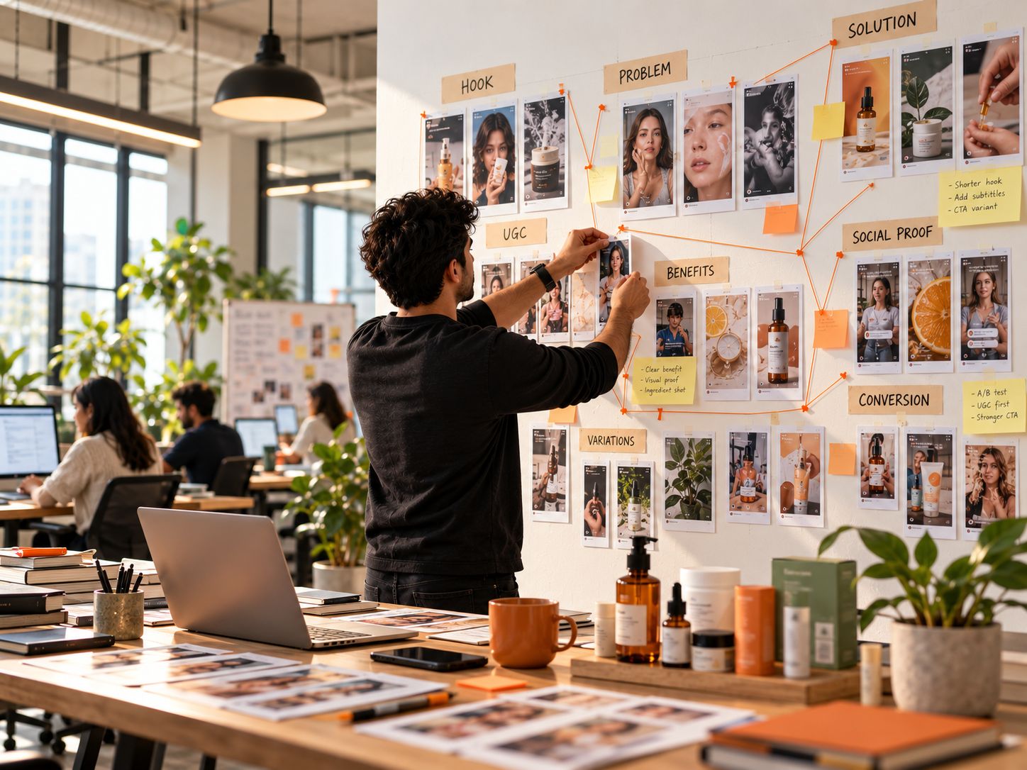 A strategist grouping printed ad frames into clusters on a studio wall