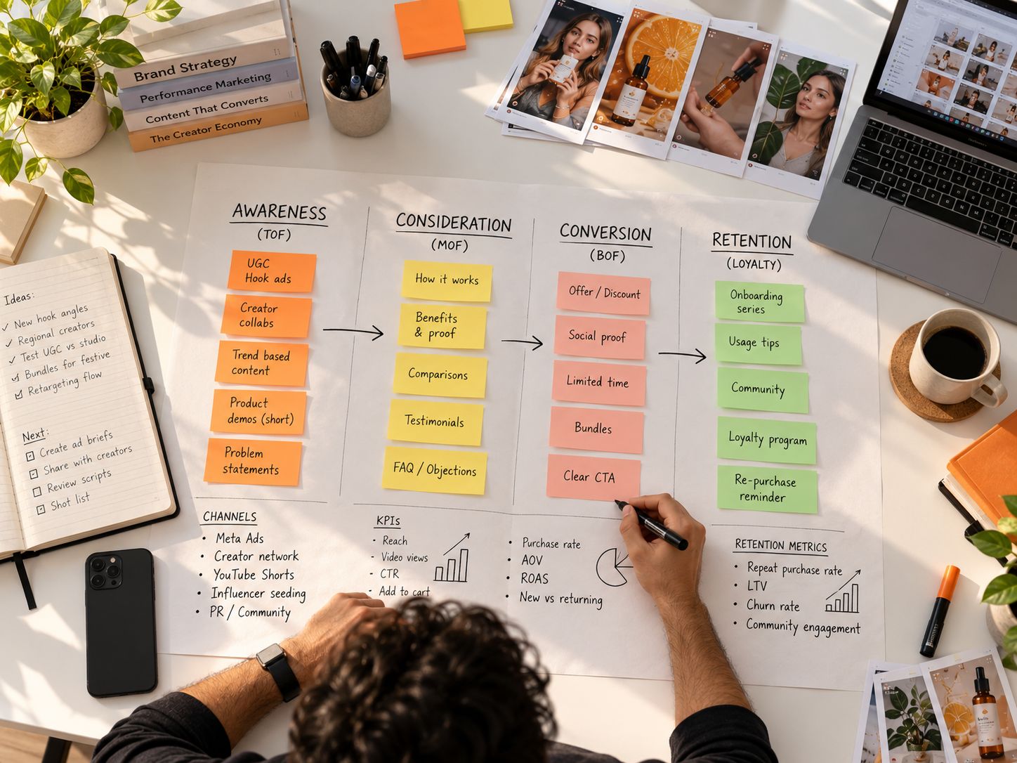 A funnel map of sticky notes on a white table