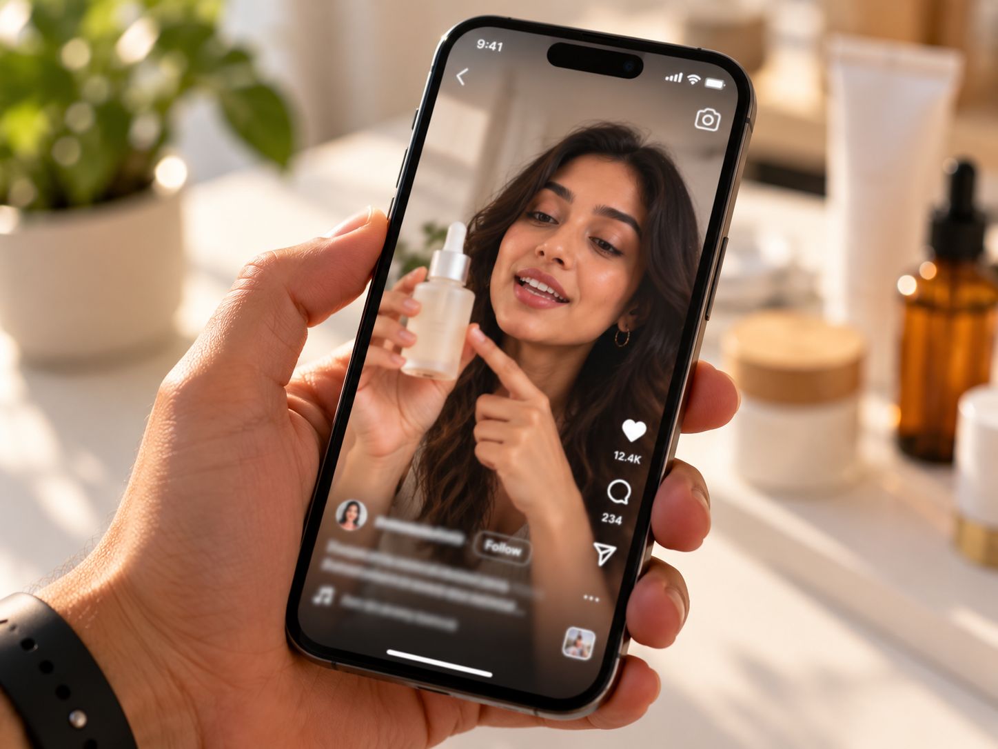 A phone showing a vertical ad in front of a shelf of products