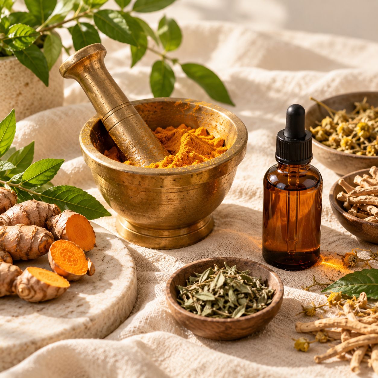 Brass mortar with turmeric and herbs