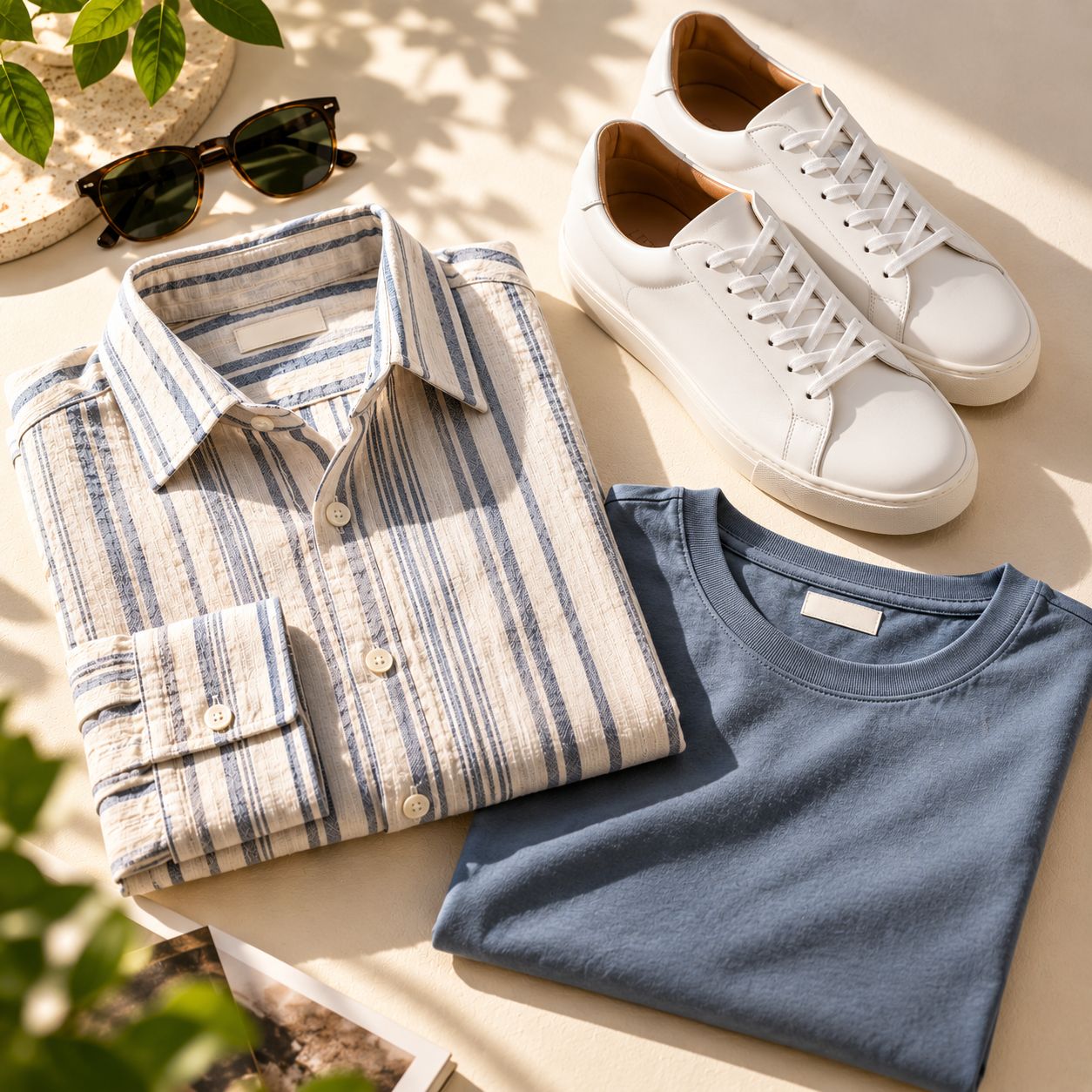 Folded linen shirt and sneakers