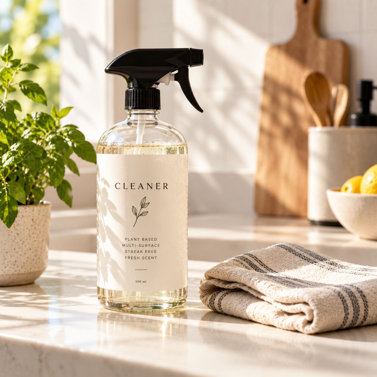 Glass spray bottle and linen cloth